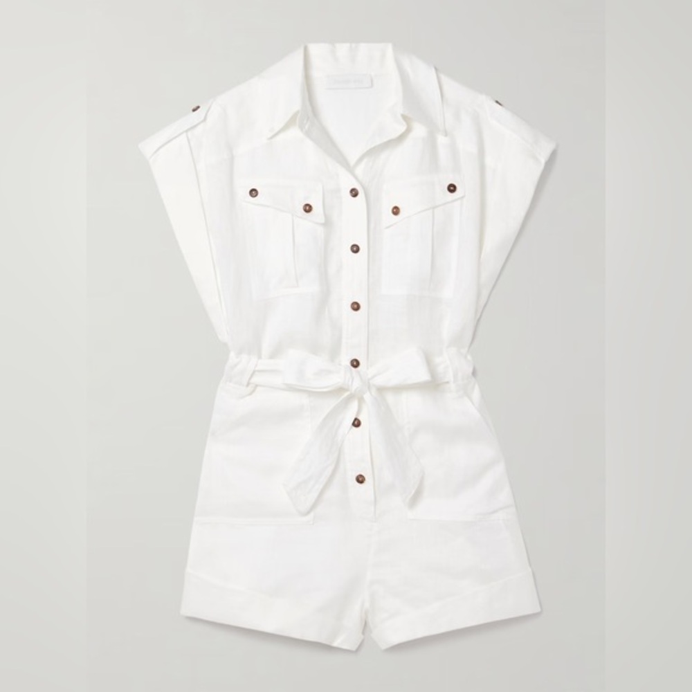 ZIMMERMANN Rhiannon Cuffed Playsuit White Button-Up Romper Belt Sz 0 $695 NWT